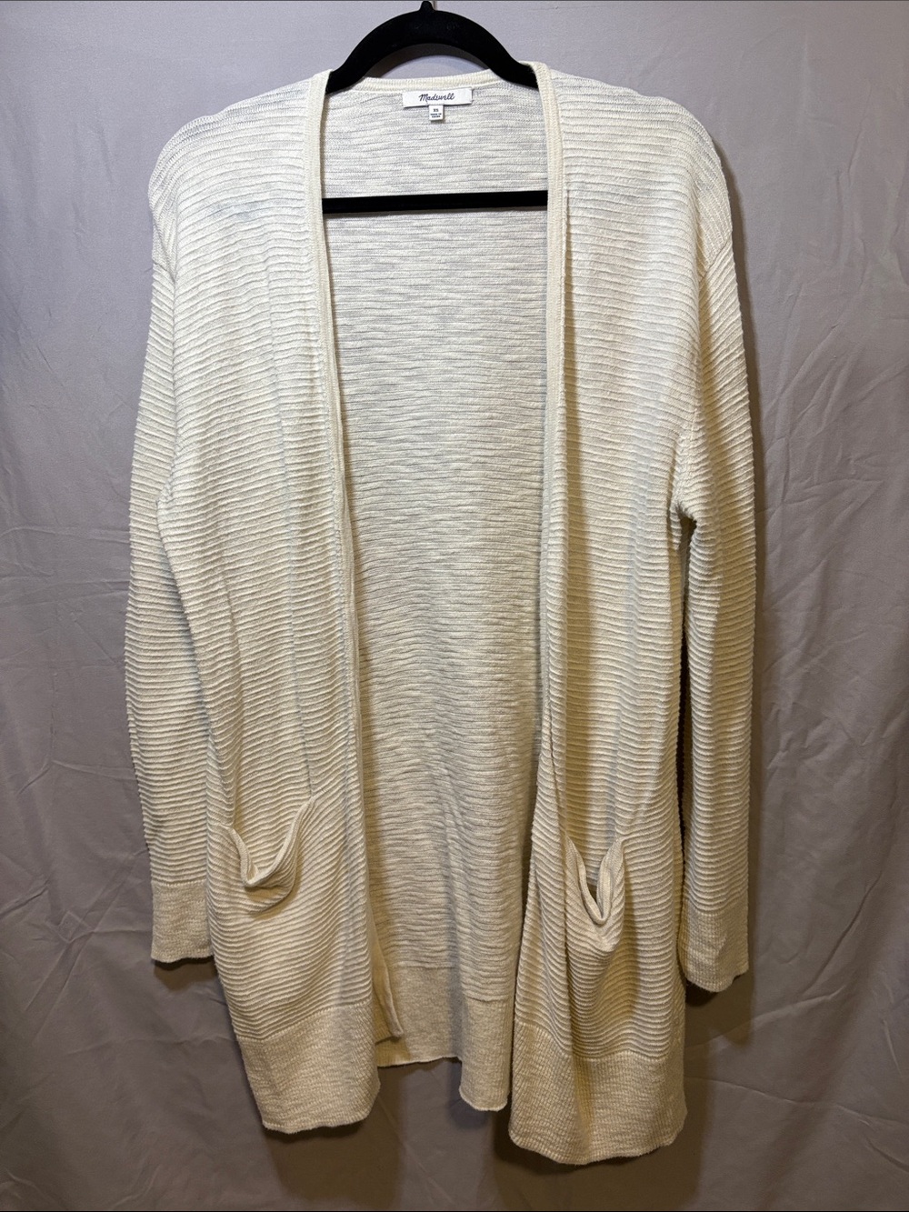 Madewell Cream Open-Front Ribbed Cardigan with Pockets
